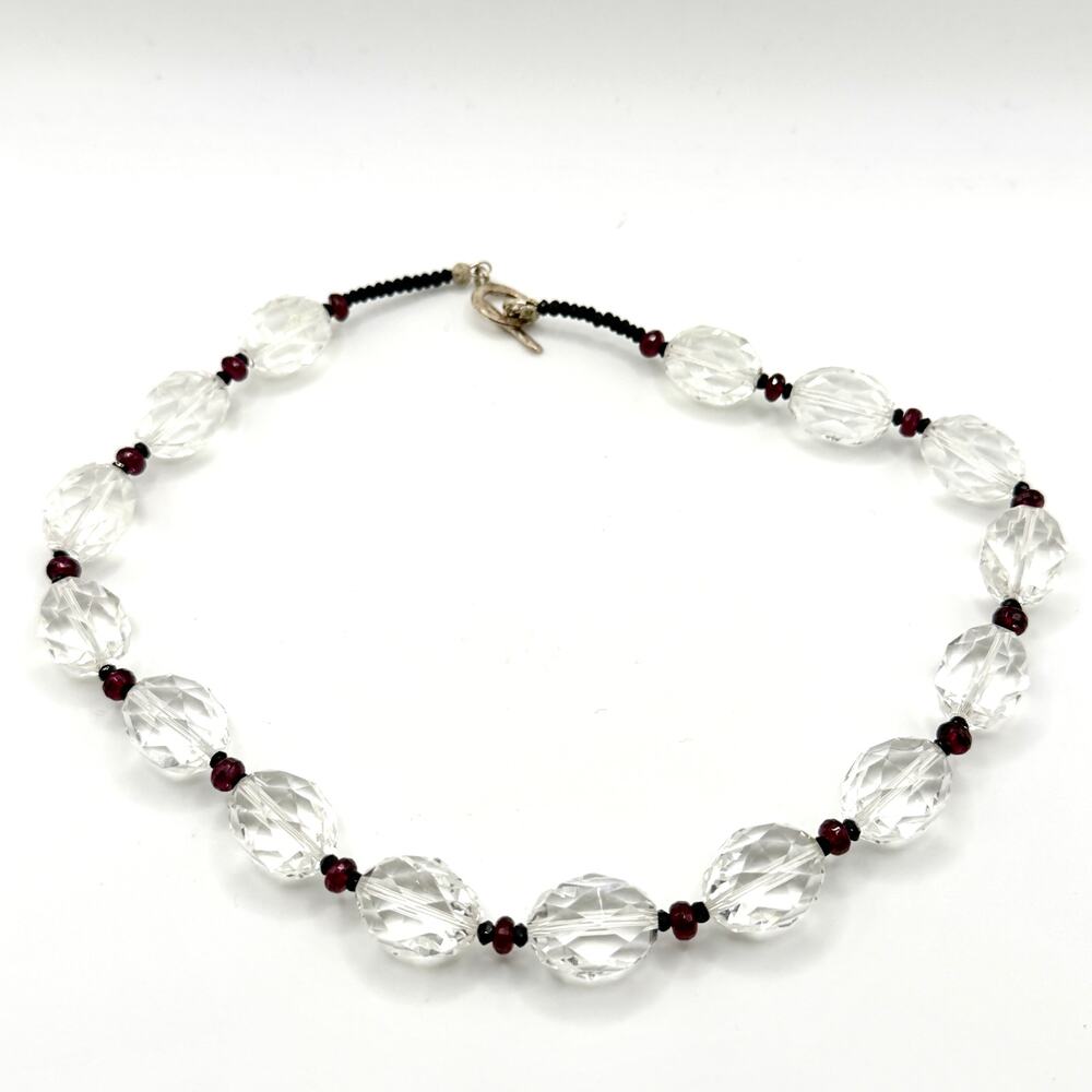 Vintage 90s Clear Quartz Garnet Sterling Silver Toggle Necklace